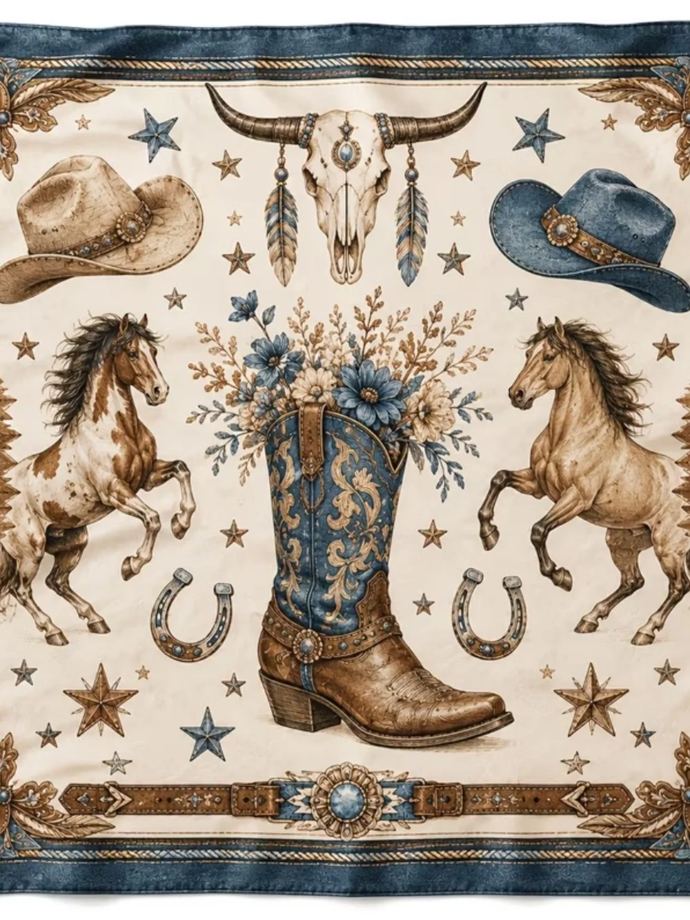 Western Boot Print Scarf & Wrap — Blue and Cream